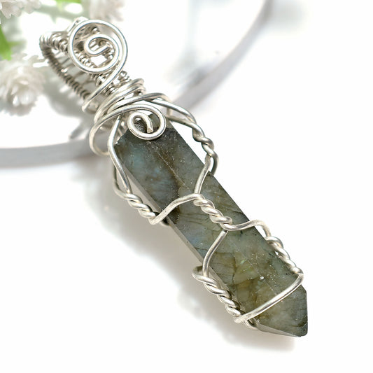 Mystical Labradorite Flashy Stone Necklace – Natural Silver Wire Wrapped Crystal Pendant 41ct