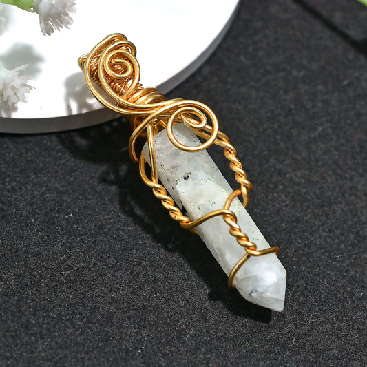 Stunning Rainbow Moonstone Point Pendant – Wholesale Golden Wire Wrapped Crystal Necklace