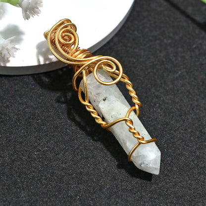 Stunning Rainbow Moonstone Point Pendant – Wholesale Golden Wire Wrapped Crystal Necklace