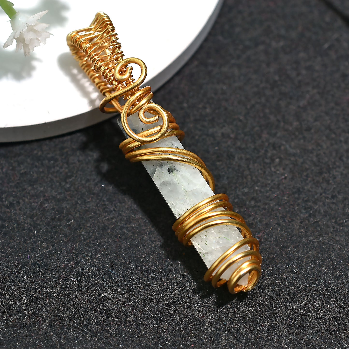Golden Wire Wrapped Rainbow Moonstone Pencil Pendant – Boho Healing Crystal Jewelry