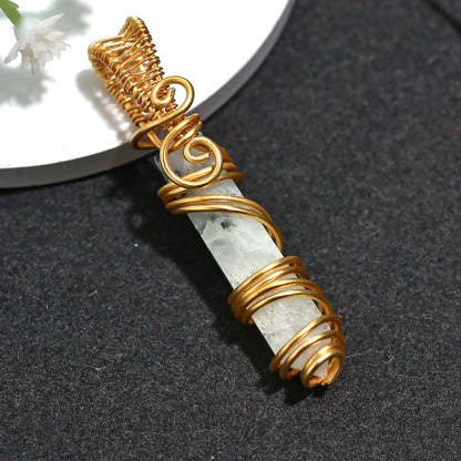 Golden Wire Wrapped Rainbow Moonstone Pencil Pendant – Boho Healing Crystal Jewelry