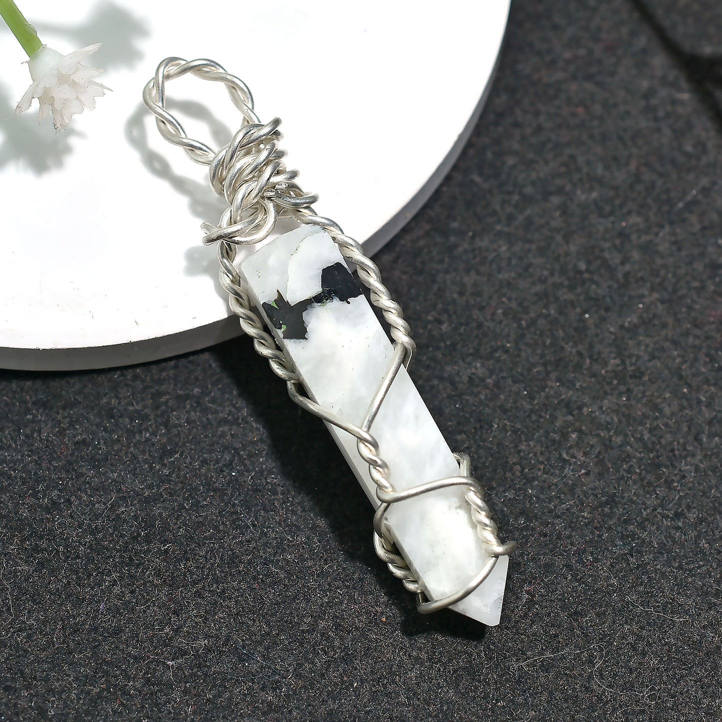 Rainbow Moonstone Tower Necklace – Silver Wire Wrapped Crystal  Wholesale Jewelry 30ct