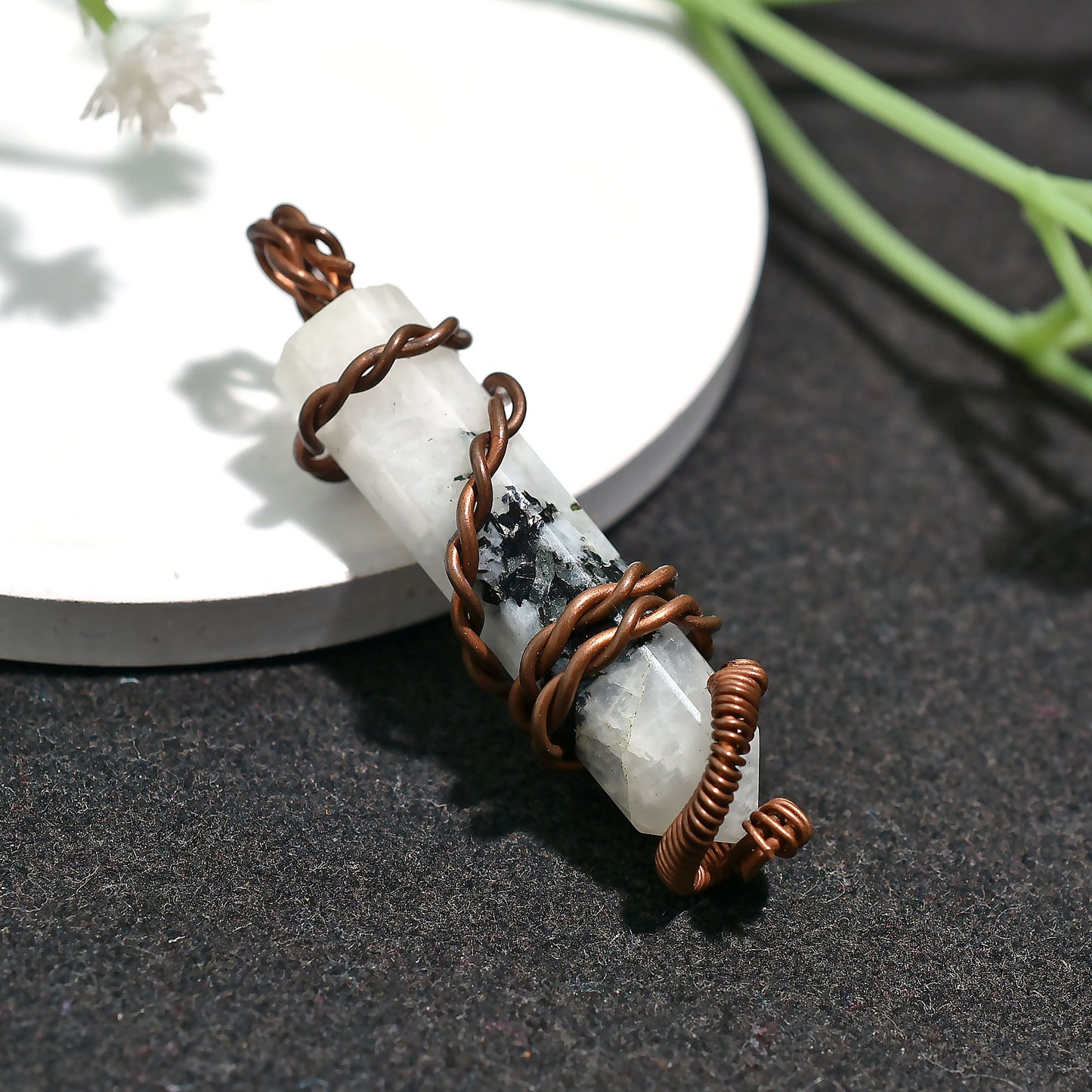 Natural Rainbow Moonstone Pencil Pendant – Wholesale Copper Wire Wrapped Necklace