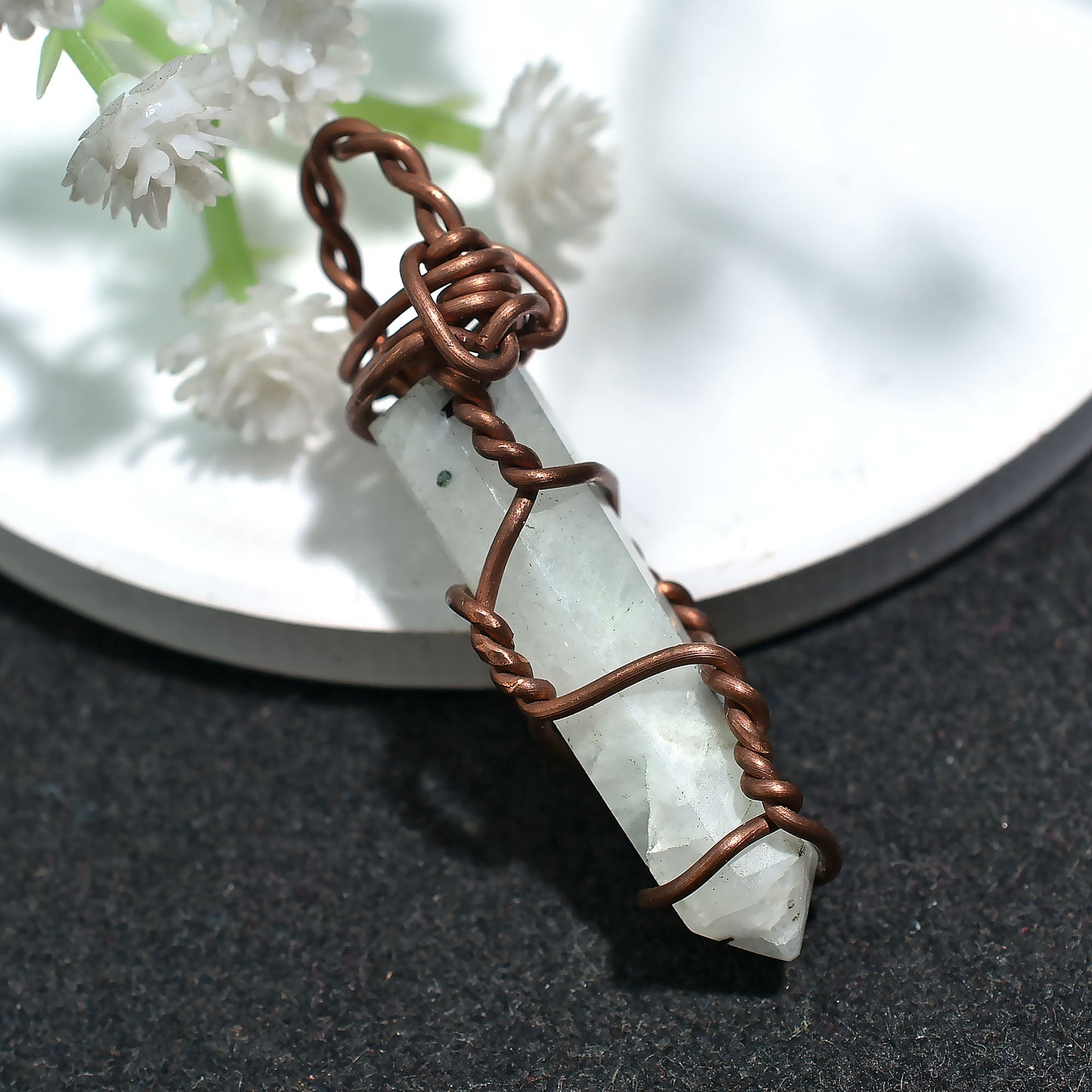 Natural Rainbow Moonstone Pencil Pendant – Copper Wire Wrapped for Reiki Healing 26ct