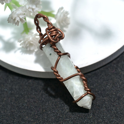 Natural Rainbow Moonstone Pencil Pendant – Copper Wire Wrapped for Reiki Healing 26ct