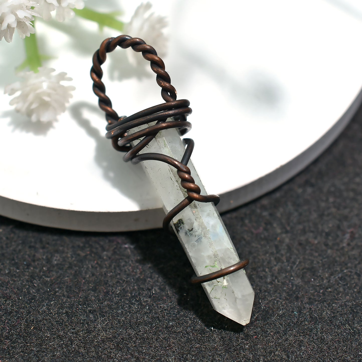 Elegant Rainbow Moonstone Necklace - Wholesale Oxidise Copper Wire Wrapped Pendant 20ct