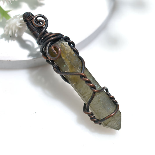 Antique Finish Copper Labradorite Pendant - Handmade Wire Wrapped Stone Necklace 31ct
