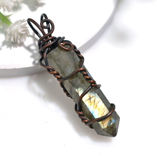 Artisan Labradorite Stone Pendant - Handcrafted in Oxidized Copper Wire Wrapped Jewelry