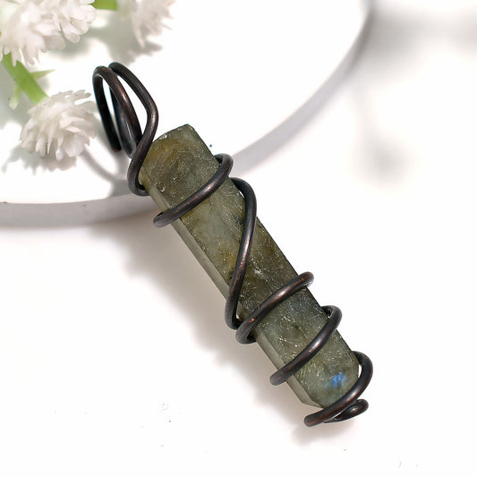 Labradorite Amulet Necklace – Handmade Vintage Copper Wire Wrapped Stone Pendant 27ct