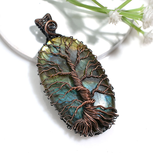 Oxidized Copper Wrapped Labradorite Pendant – Wholesale Gemstone Jewelry (31x65x12mm,/174ct)