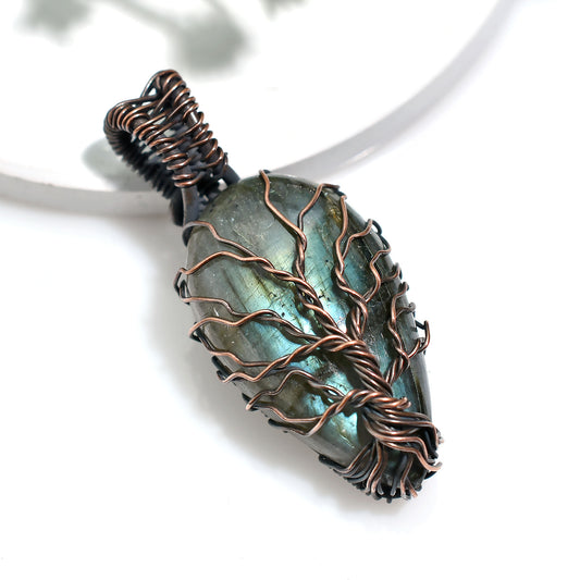 Mystic Labradorite Pendant – Vintage Copper Wrapped Healing Wholesale Gemstone (17x45x10mm,/52ct)