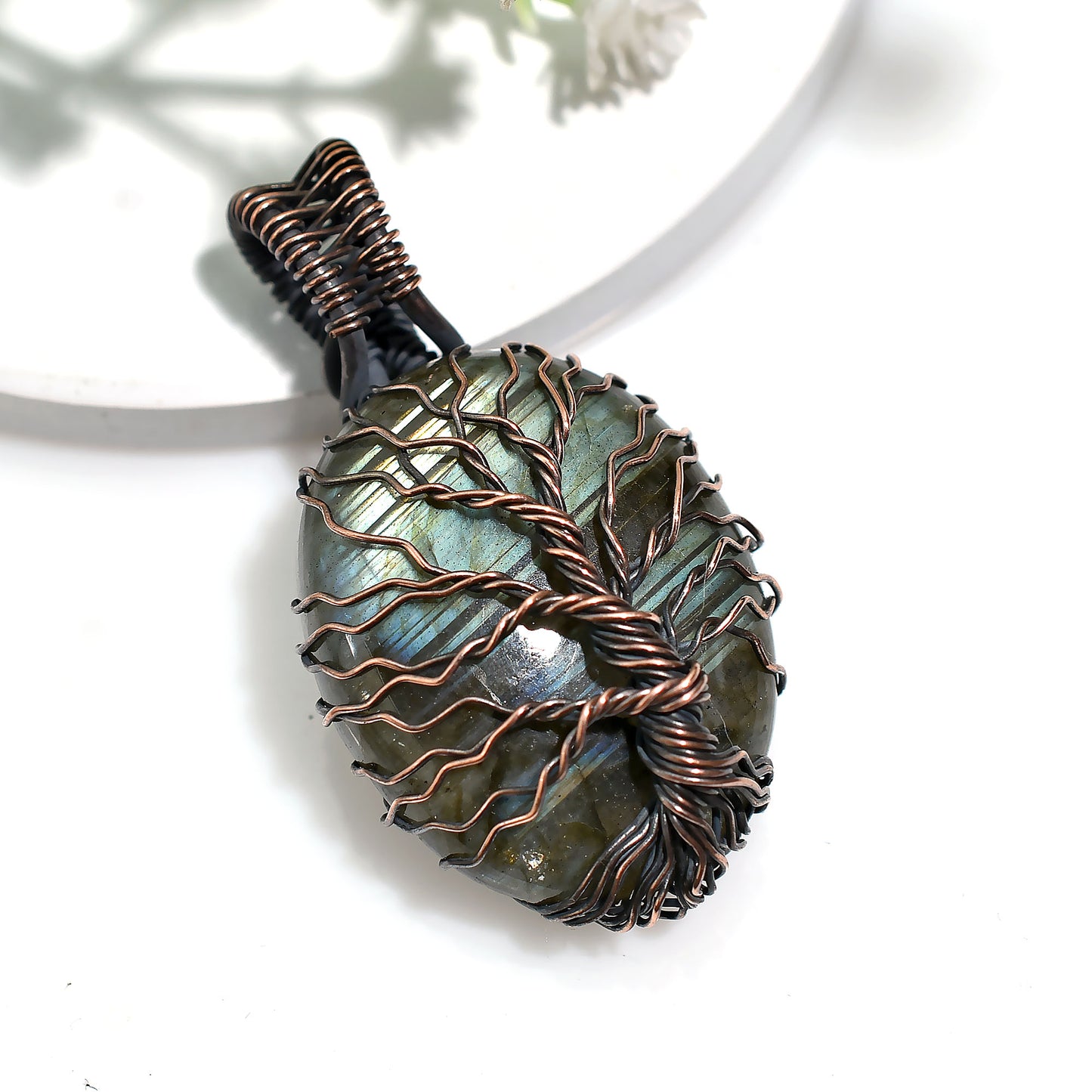 Spiritual Labradorite Stone Necklace – Wholesale Copper Wire Wrapped Pendant (23x43x8mm,/64ct)