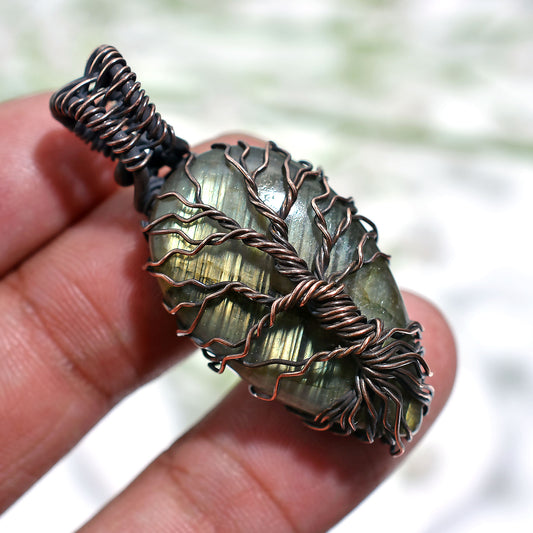 Antique Copper Labradorite Pendant – Wholesale Wire Wrapped Gemstone Jewelry(15x43x10mm,/54ct)