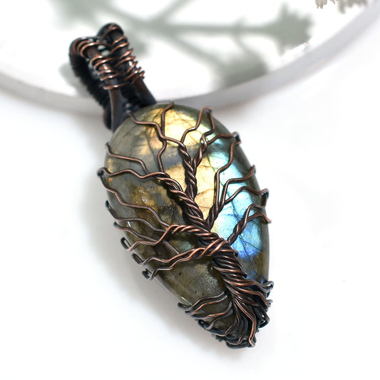 Protective Labradorite Stone Pendant – Wholesale Wire Wrapped Oxidized Copper Necklace