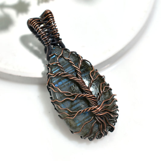 Wholesale Labradorite Crystal Pendant – Wire Wrapped Rustic Copper Gemstone Necklace