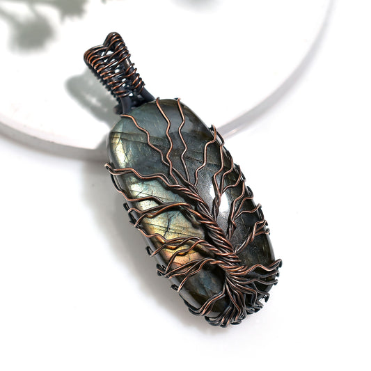 Oxidized Copper Wire Wrapped Labradorite Pendant – Wholesale Mystical Healing Stone