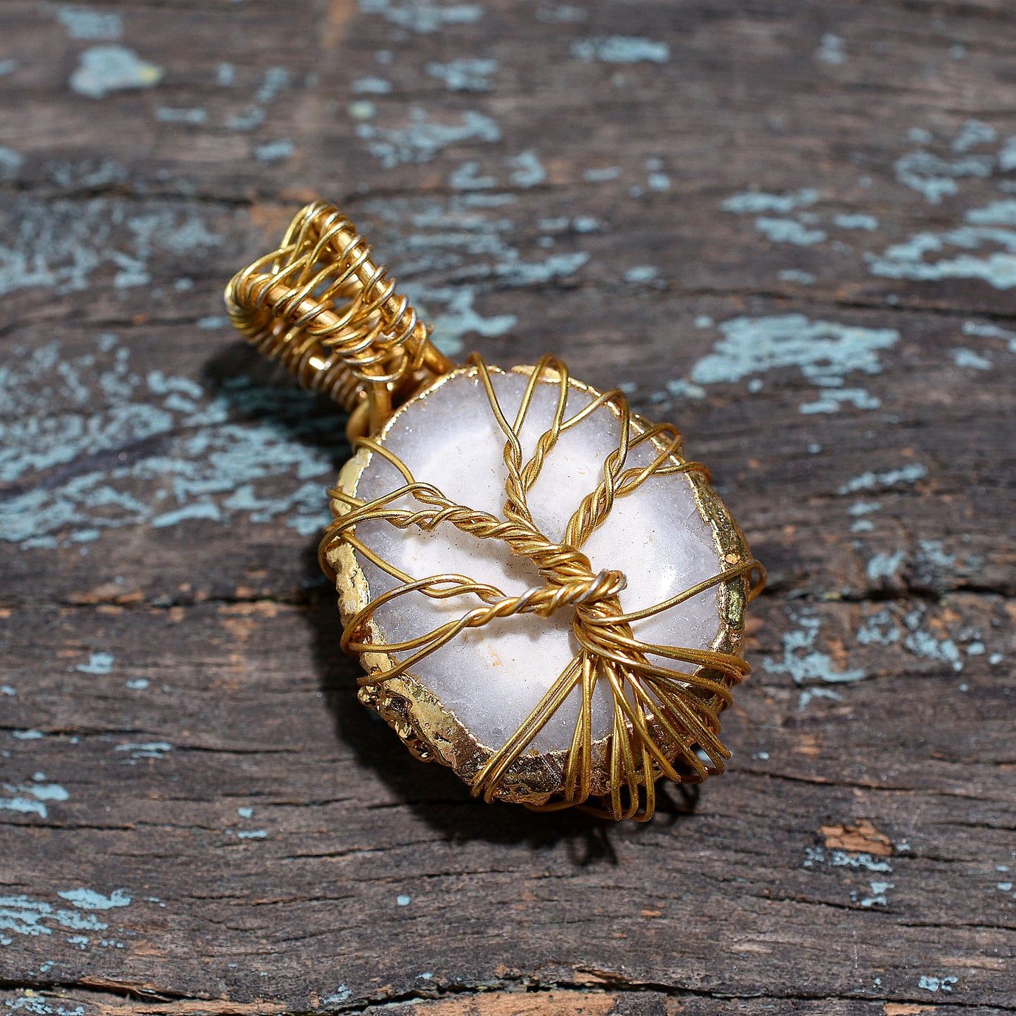 Radiant Gold Electroplated Solar Quartz With Wire Wrapped Pendant-Wholesale Stone Jewelry