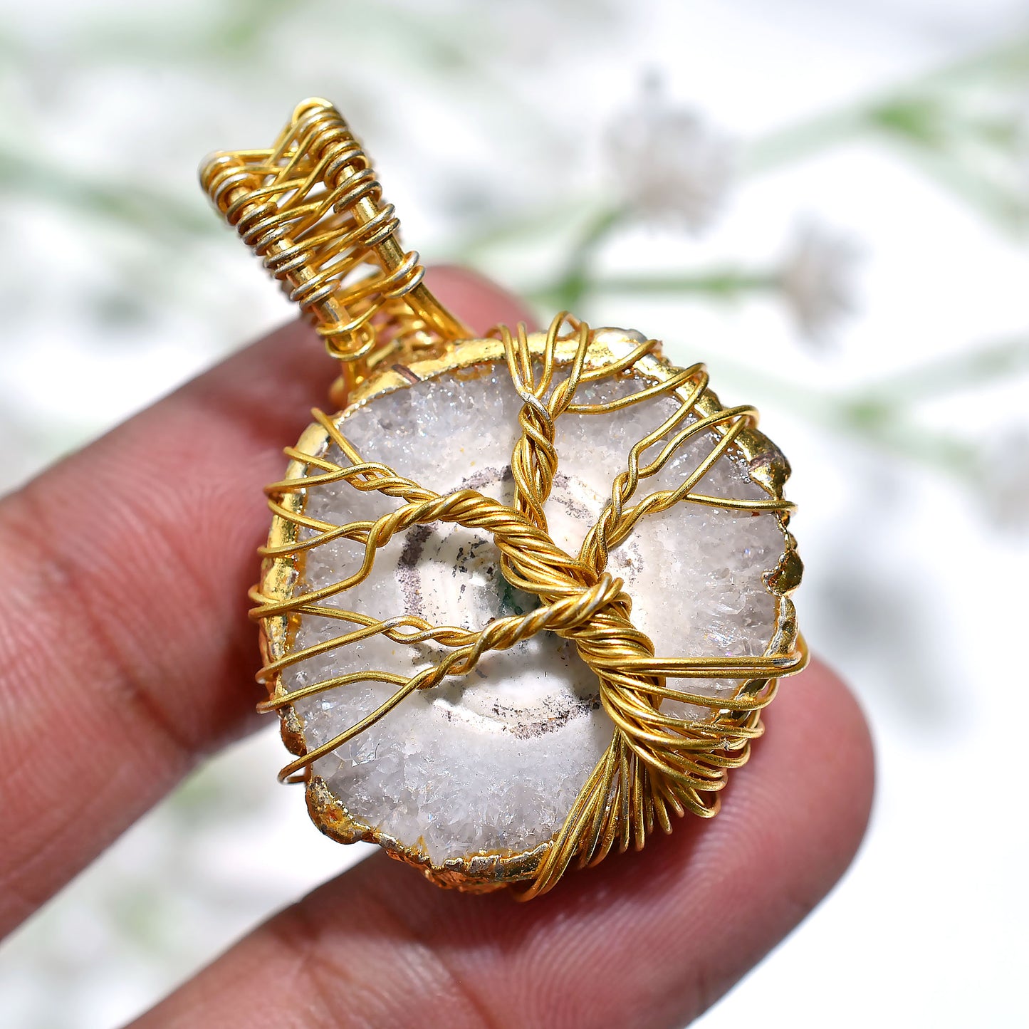 Authentic Solar Quartz Gemstone Pendant – Gold Electroplated & Wire Wrapped Wholesale Jewelry