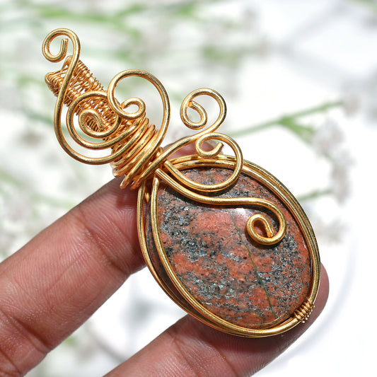 Natural Unakite Gemstone Pendant – Golden Wire Wrapped Healing Wholesale Jewelry