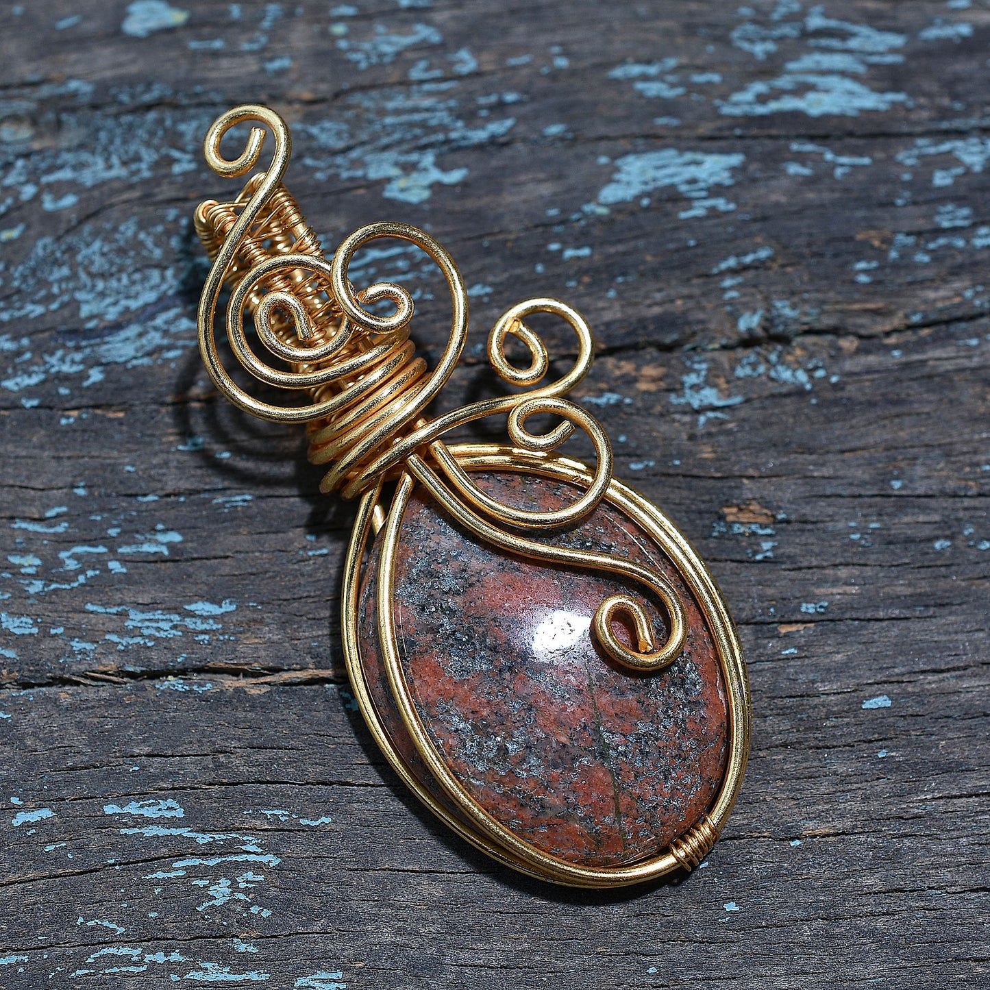 Natural Unakite Gemstone Pendant – Golden Wire Wrapped Healing Wholesale Jewelry