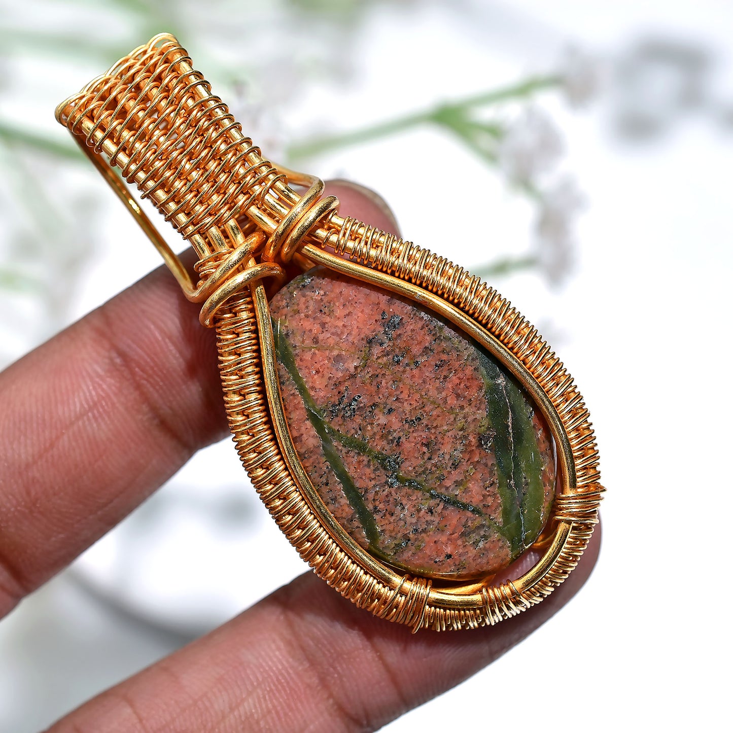 Handcrafted Unakite Pendant Necklace – Wholesale Gold Wire Wrapped Natural Stone Jewelry