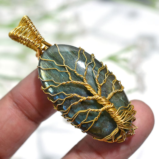 Mystic Flash Labradorite Stone Necklace – Wholesale Golden Wire Wrapped Crystal Pendant