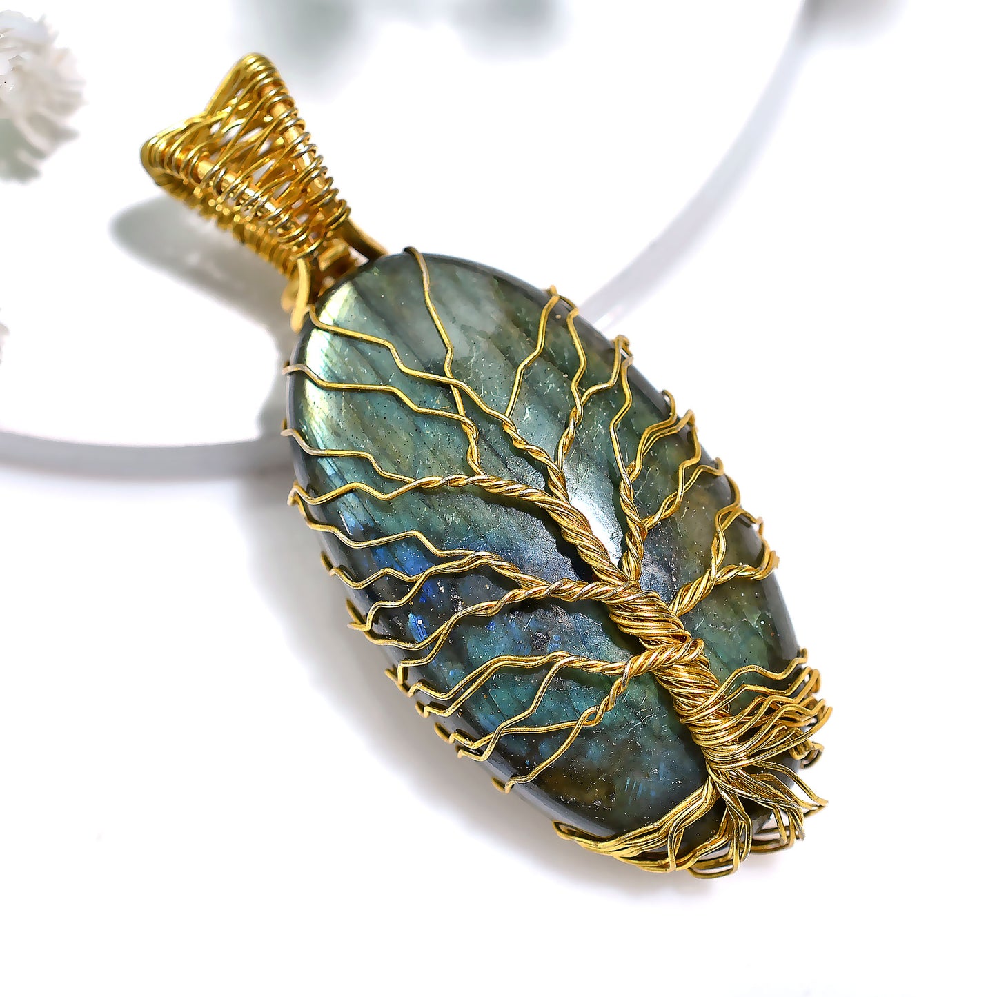 Mystic Flash Labradorite Stone Necklace – Wholesale Golden Wire Wrapped Crystal Pendant