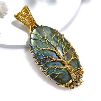 Mystic Flash Labradorite Stone Necklace – Wholesale Golden Wire Wrapped Crystal Pendant
