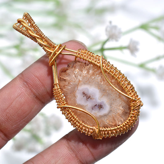 Sparkling Solar Quartz Pendant – Gold Wire Wrapped Raw Slice Wholesale Gemstone Jewellery