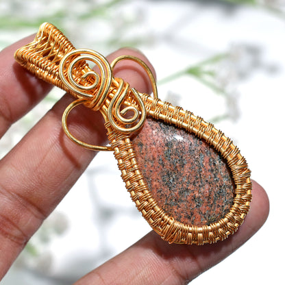 Authentic Unakite Gemstone Pendant Golden Wire Wrapped Necklace for Wholesale Jewelry
