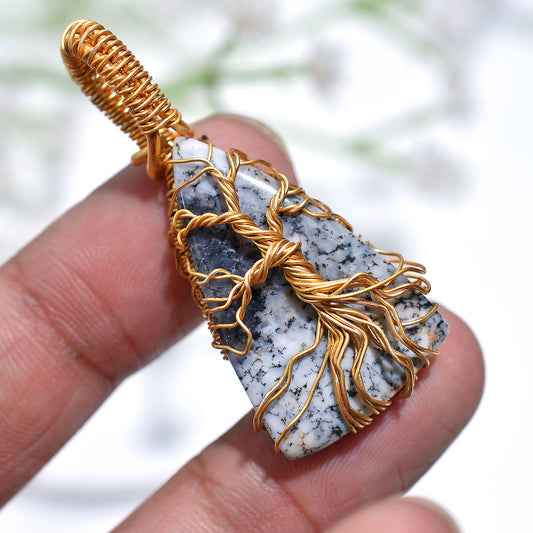Bohemian Style Dendrite Pendant Gold Wire Wrapped Stone Necklace for Wholesale Jewelry