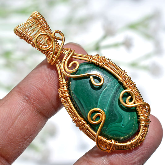 Luxury Malachite Gemstone Necklace-Wholesale Gold Wire Wrapped Handmade Pendant