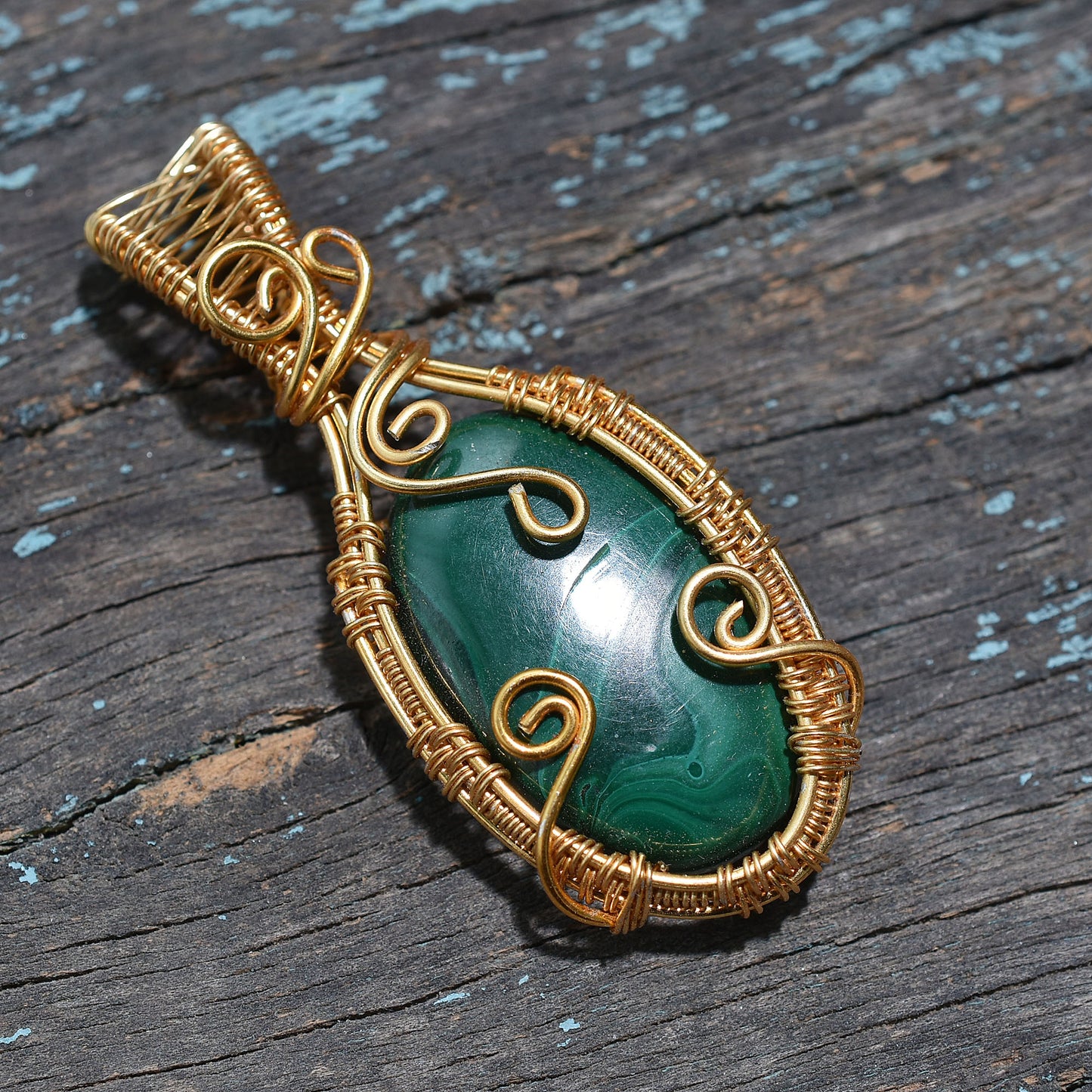 Luxury Malachite Gemstone Necklace-Wholesale Gold Wire Wrapped Handmade Pendant