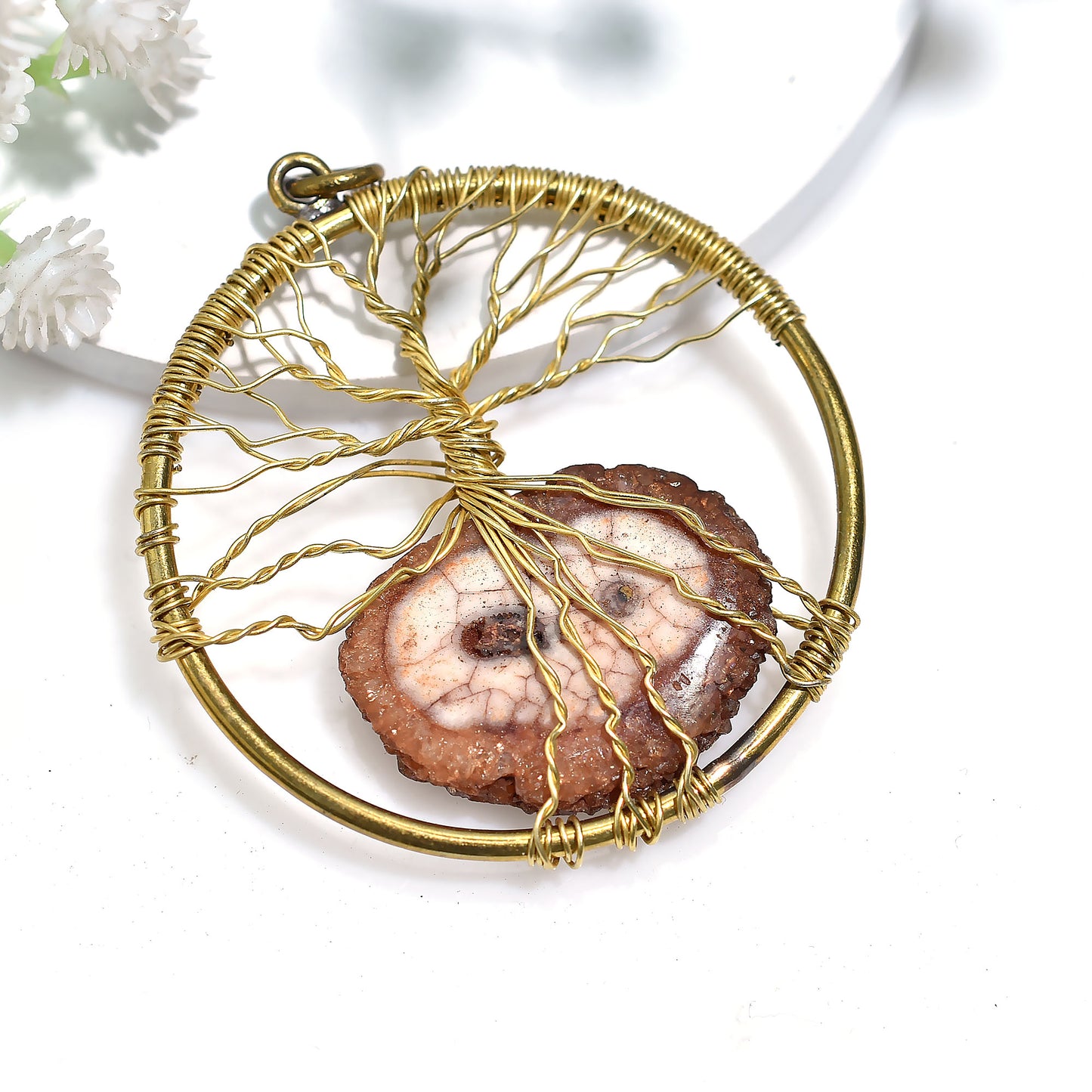 Handmade Tree of Life Pendant-Natural Wholesale Solar Quartz Gold Wire Wrapped Gemstone