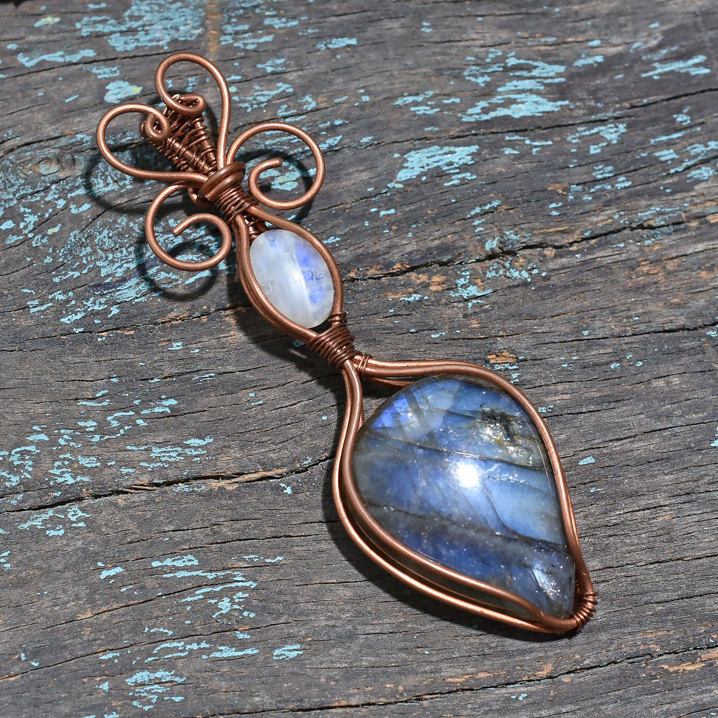 Flashy Labradorite & Moonstone Copper Wire Wrapped Gemstone Pendant Handcrafted Crystal Amulet Jewelry