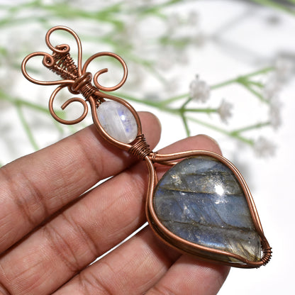 Flashy Labradorite & Moonstone Copper Wire Wrapped Gemstone Pendant Handcrafted Crystal Amulet Jewelry