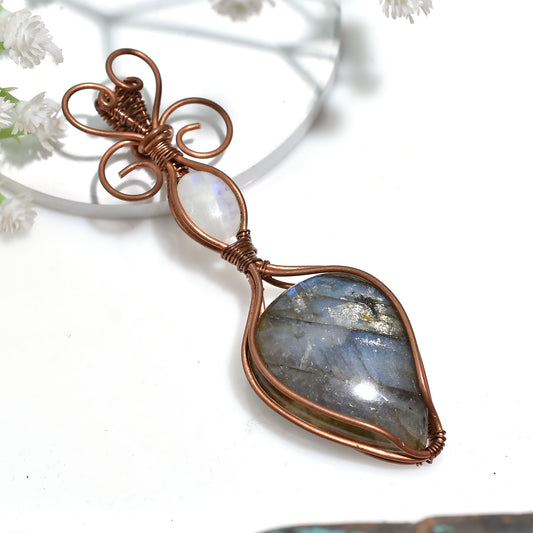 Flashy Labradorite & Moonstone Copper Wire Wrapped Gemstone Pendant Handcrafted Crystal Amulet Jewelry