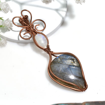 Flashy Labradorite & Moonstone Copper Wire Wrapped Gemstone Pendant Handcrafted Crystal Amulet Jewelry