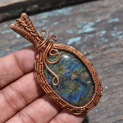Flashy Labradorite Copper Wire Wrapped Pendant - Handcrafted Wholesale Gemstone Amulet