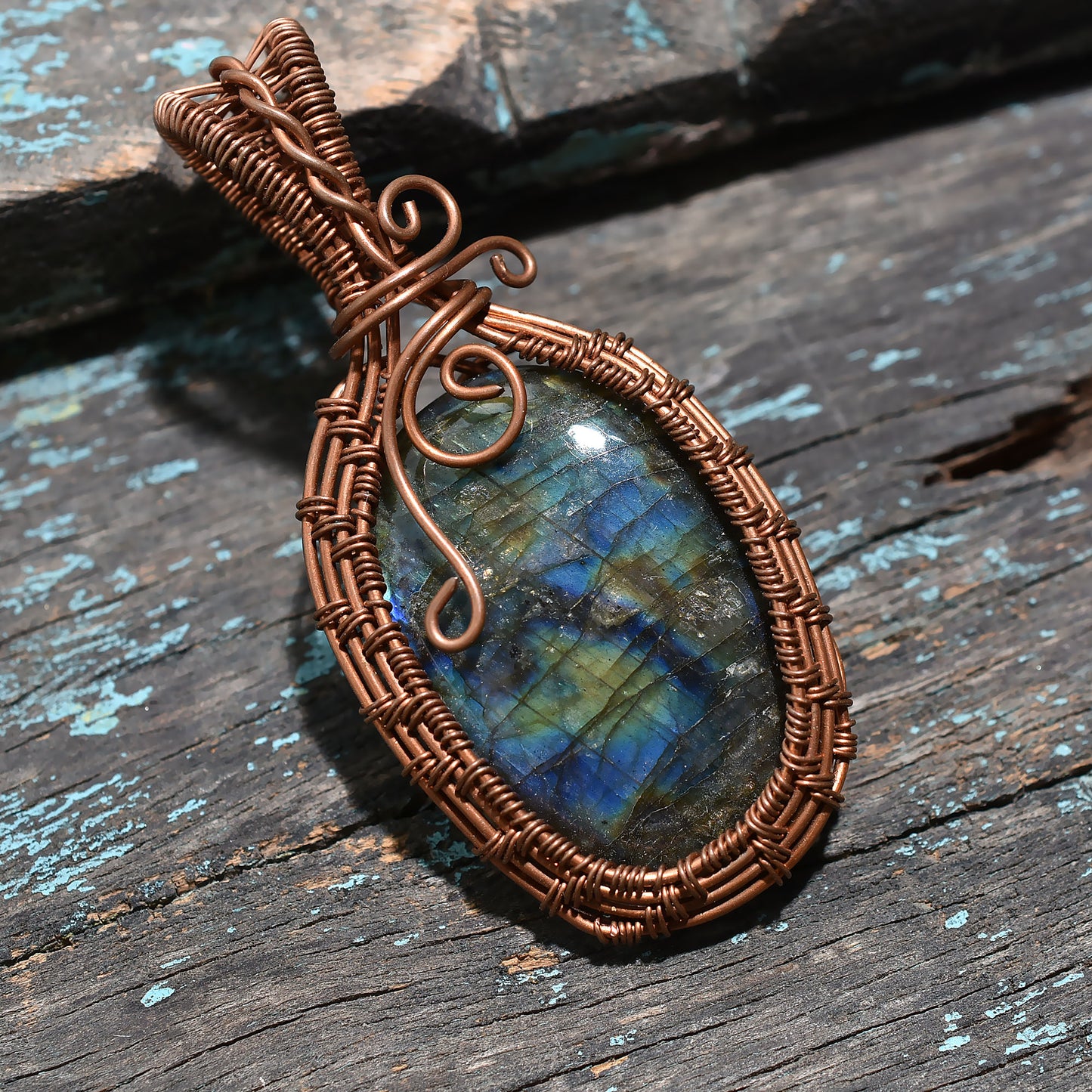 Flashy Labradorite Copper Wire Wrapped Pendant - Handcrafted Wholesale Gemstone Amulet