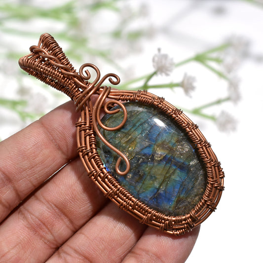 Flashy Labradorite Copper Wire Wrapped Pendant - Handcrafted Wholesale Gemstone Amulet