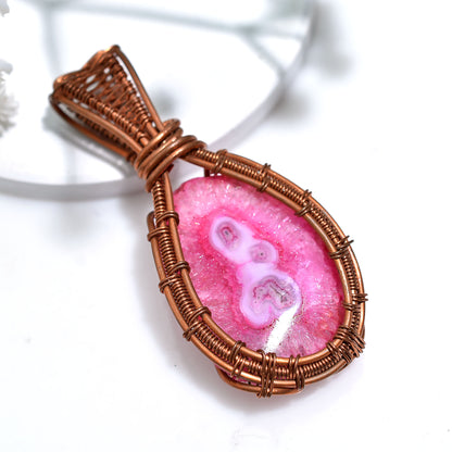 Beautiful Pink Solar Quartz Copper Wire Wrapped Pendant – Handmade Stalactite Slice Wholesale Crystal Jewelry