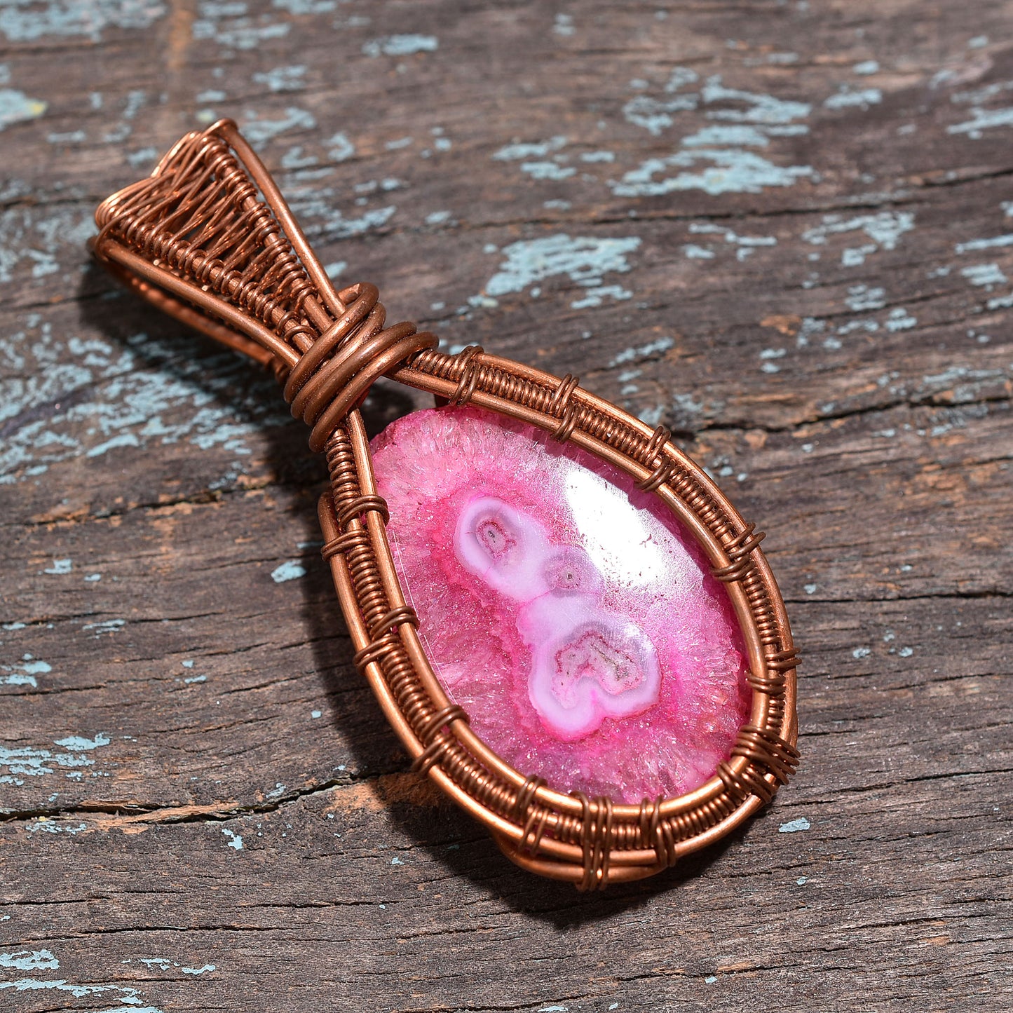 Beautiful Pink Solar Quartz Copper Wire Wrapped Pendant – Handmade Stalactite Slice Wholesale Crystal Jewelry