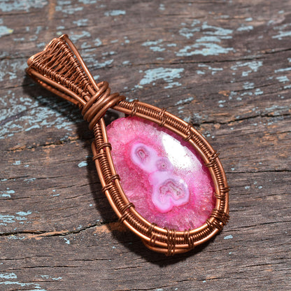 Beautiful Pink Solar Quartz Copper Wire Wrapped Pendant – Handmade Stalactite Slice Wholesale Crystal Jewelry