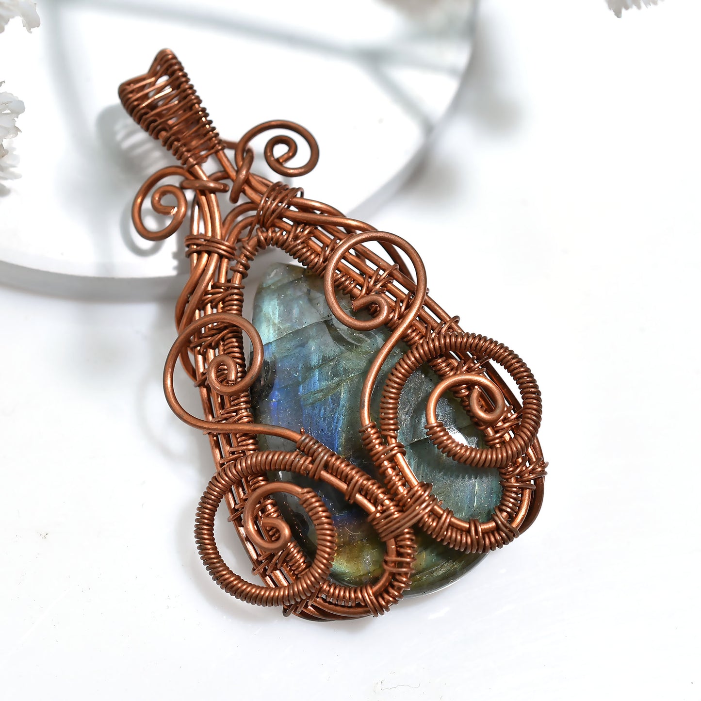 Artisan Flashy Labradorite Pendant – Copper Wire Wrapped Healing Crystal Wholesale Handmade Necklace