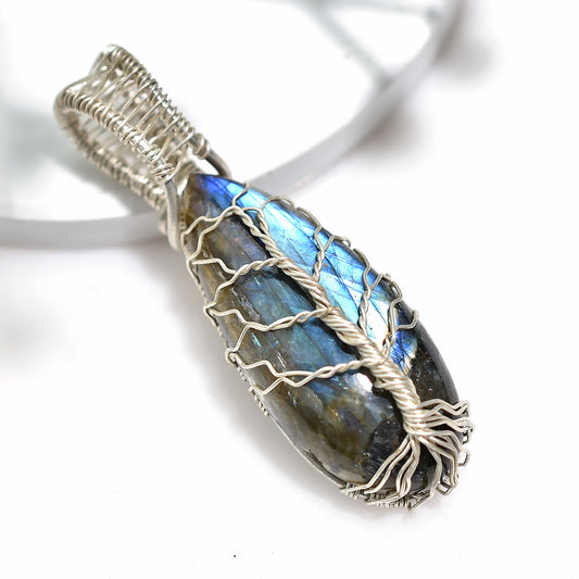 Handmade Flashy Labradorite Pendant – Tree of Life Design Silver Wire Wrapped Wholesale Gemstone