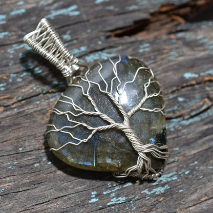 Natural Labradorite Tree of Life Necklace Pendant – Artisan Handmade Silver Wire Wrapped Gemstone