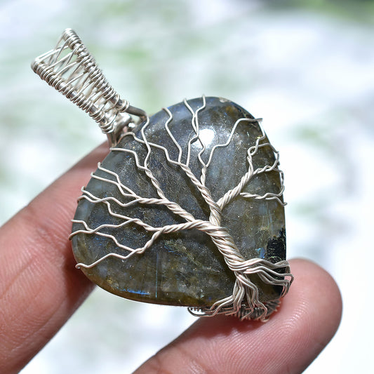 Natural Labradorite Tree of Life Necklace Pendant – Artisan Handmade Silver Wire Wrapped Gemstone