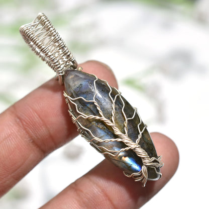 Wholesale Flashy Labradorite Tree of Life Pendant – Silver Wire Wrapped Handcrafted Gemstone Jewelry