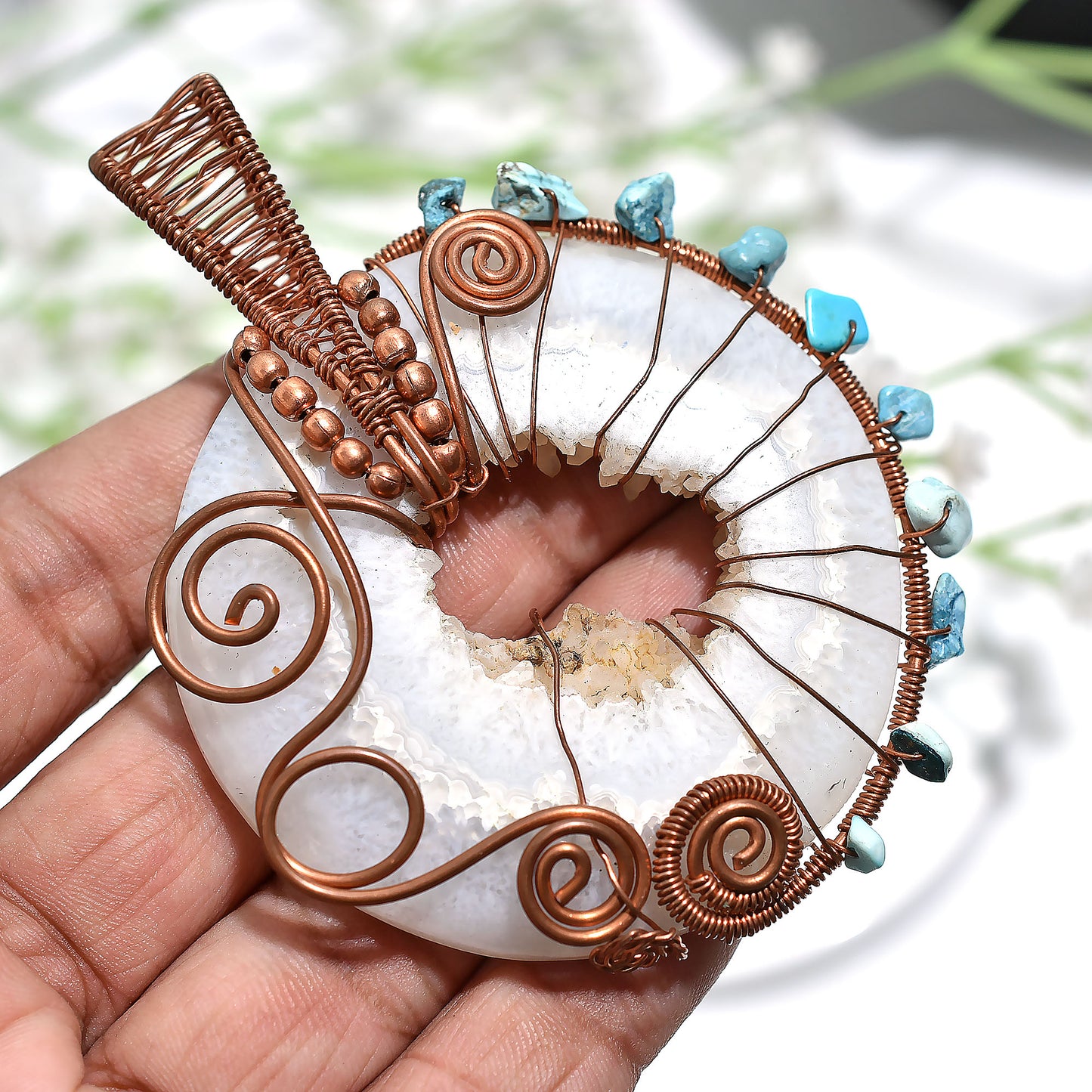 Big Window Druzy & Raw Turquoise Pendant – Wire Wrapped Natural Gemstone Wholesale Jewelry
